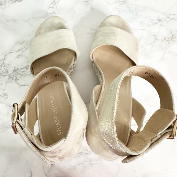 Stuart Weitzman Mostly Platform Metallic Suede Espadrille Wedge Sandals Size 9.5 - Picture 10 of 14